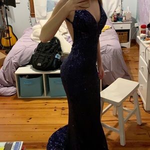 Dark blue open back sequence prom dress